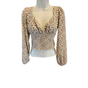 NWT Bloomfield L neutral floral puff blouse long sleeve crop top sexy v neck